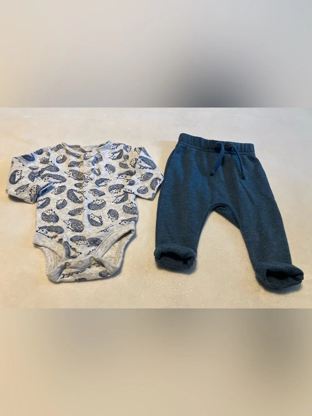 Baby Two-Piece Outfit - Hedgehog Print Bodysuit & Navy Pants